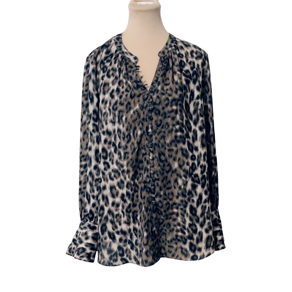 Rachel Zoe Women Neutral Button Front Blouse Large Animal Print Casual Flowy